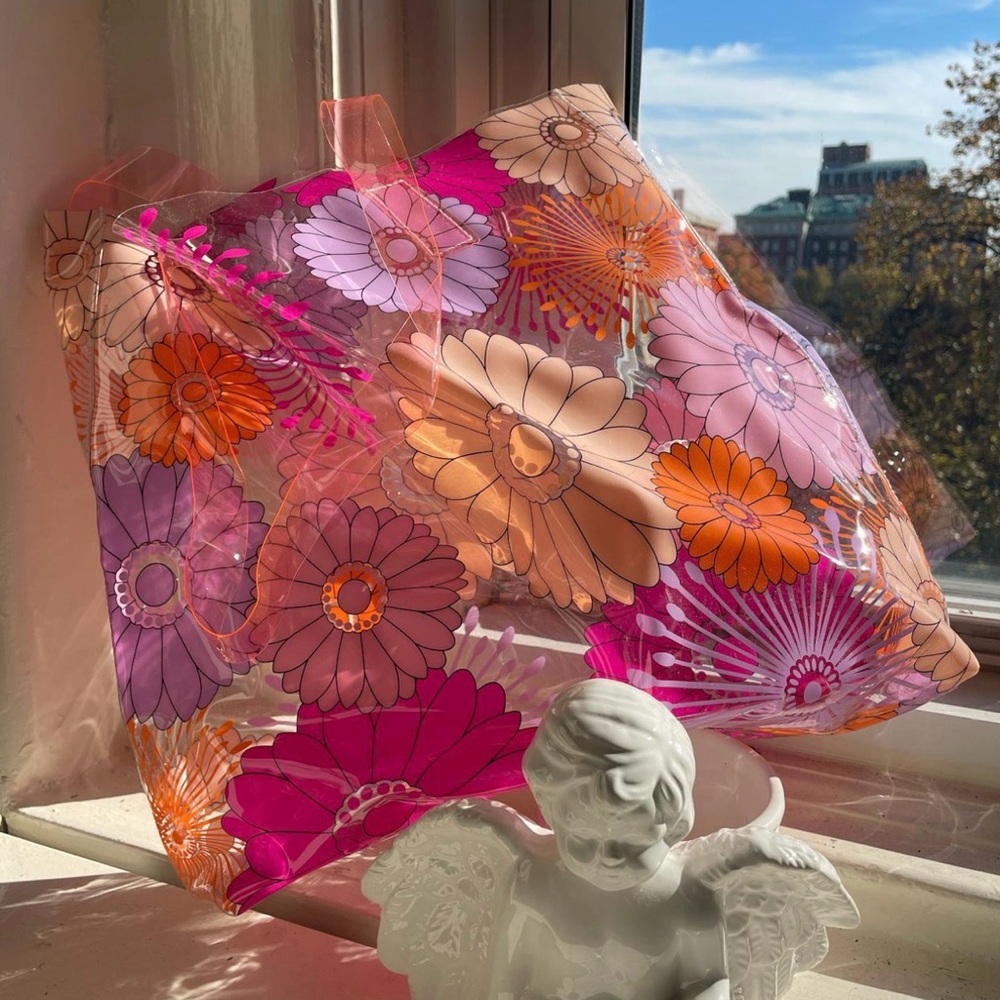 Clear Vinyl Tote Bag with Floral Print